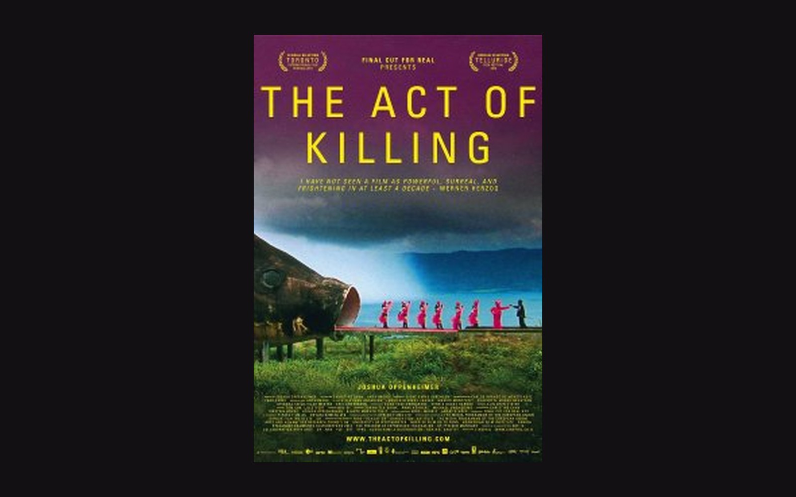 Movie poster for "The Act of Killing" showing dancers in pink emerging from a giant fish sculpture