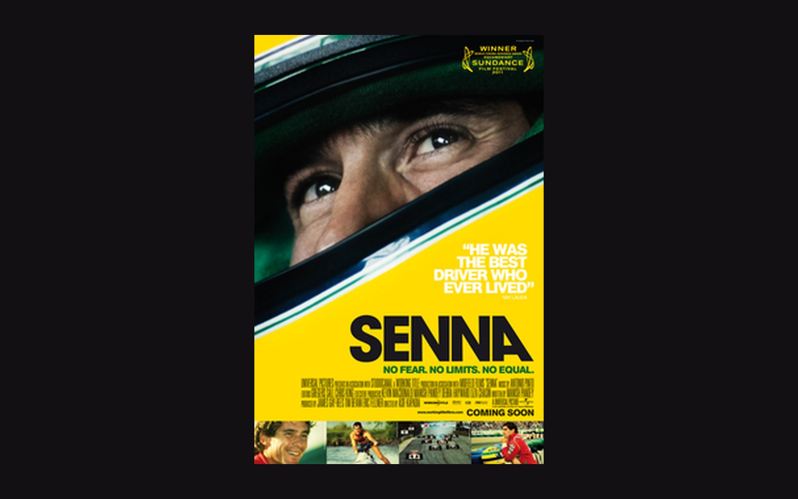Movie poster for "Senna" showing a close-up of the driver's eyes in a racing helmet