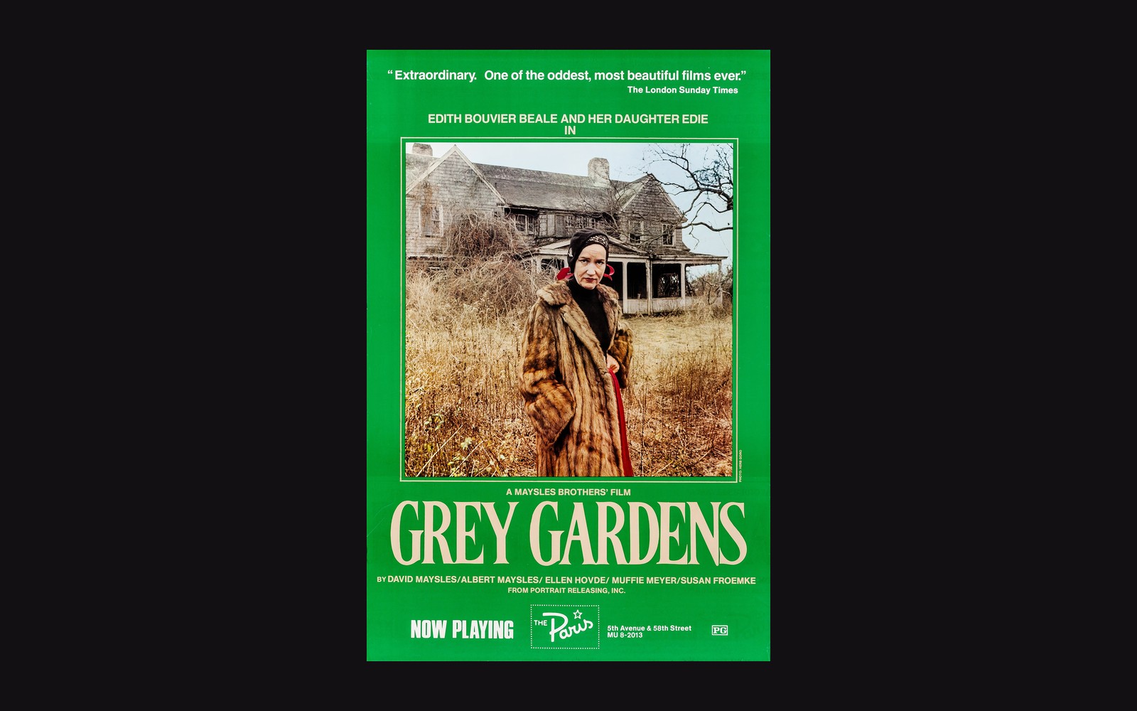 Movie poster for Grey Gardens showing a woman in a fur coat before a weathered mansion