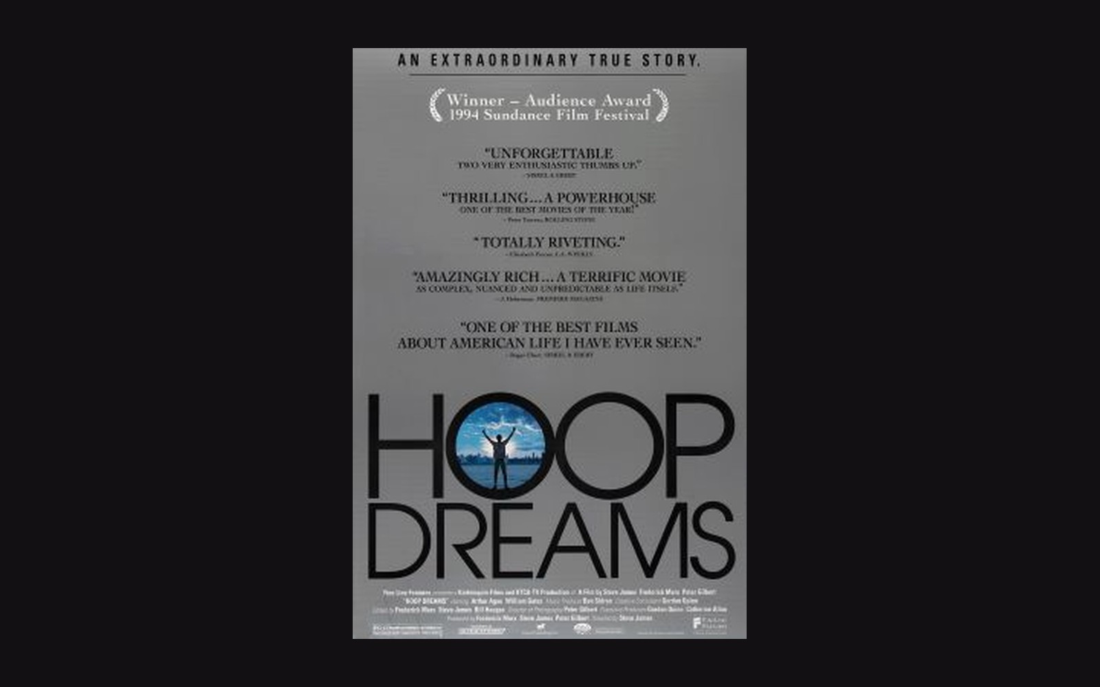 Movie poster for "Hoop Dreams" showing a silhouetted figure with arms raised inside the O of "Hoop"
