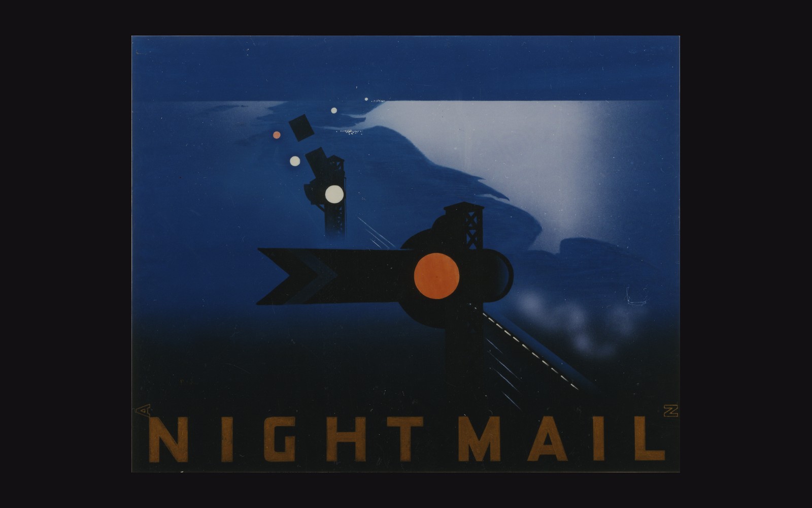 Stylized railway signal poster with red lights against a dark blue night sky, titled Night Mail