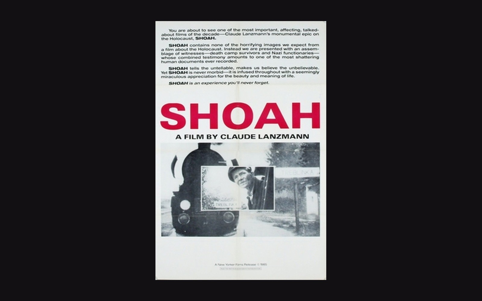 Movie poster for Shoah, featuring a locomotive and inset photo of a man