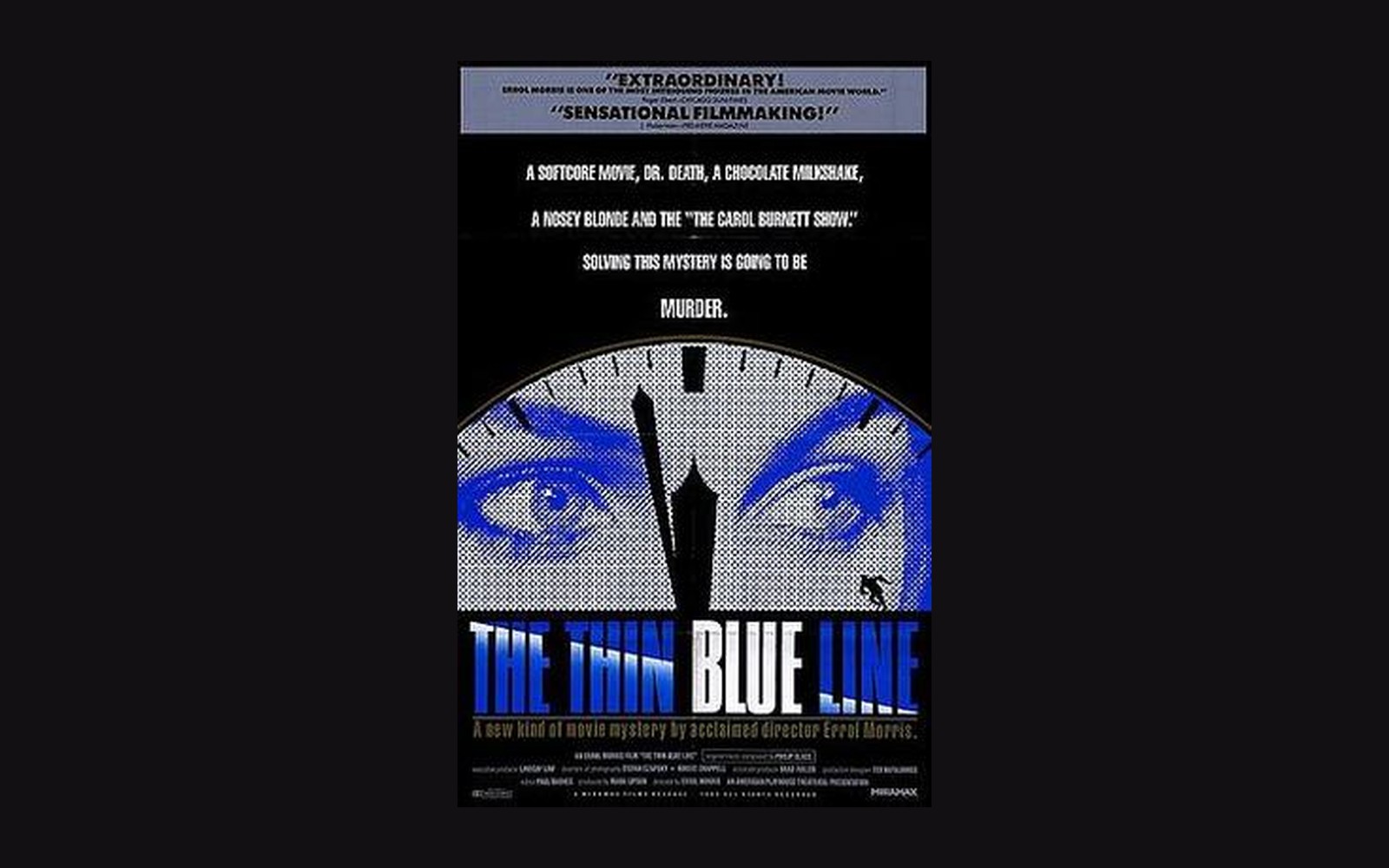 Movie poster for "The Thin Blue Line" showing wide eyes behind a clock face