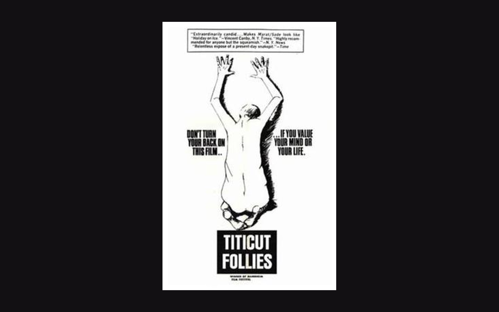 Movie poster for Titicut Follies showing a sketched nude figure with arms raised overhead
